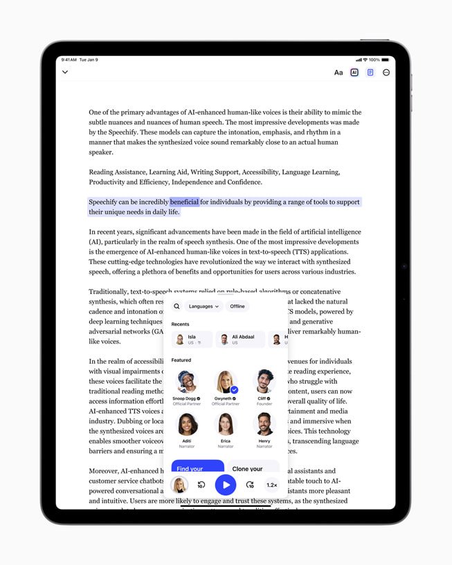 Speechify được hiển thị trên iPad.